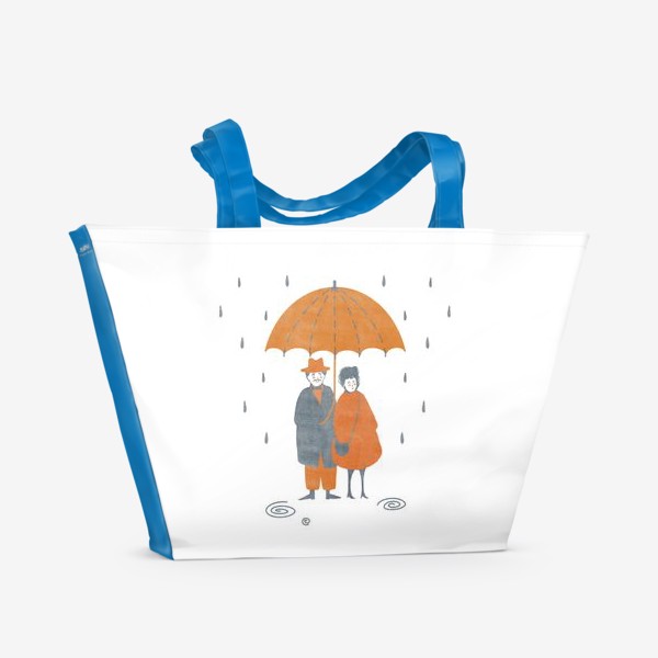 Пляжная сумка «Акварельная нарисованная вручную осенняя иллюстрация с влюбленной парой, стоящей под зонтом во время дождя. Лужи, дождь»