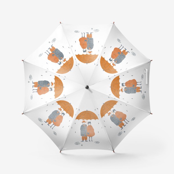 Зонт «Акварельная нарисованная вручную осенняя иллюстрация с влюбленной парой, стоящей под зонтом во время дождя. Лужи, дождь»