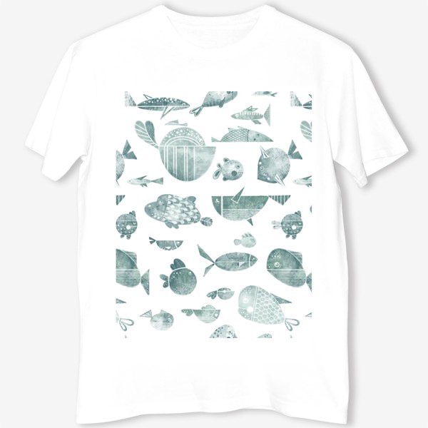 Футболка «Акварельный нарисованный вручную бесшовный фон с яркими морскими иллюстрациями стилизованных рыб. Подводный мир »