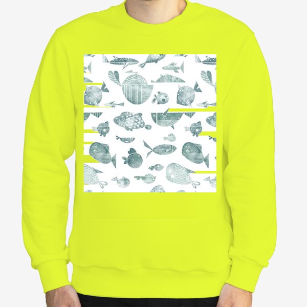 Свитшот «Акварельный нарисованный вручную бесшовный фон с яркими морскими иллюстрациями стилизованных рыб. Подводный мир »