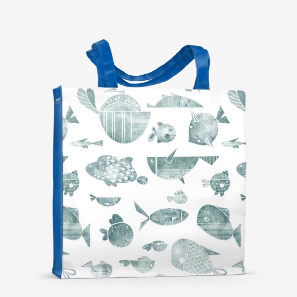 Сумка-шоппер «Акварельный нарисованный вручную бесшовный фон с яркими морскими иллюстрациями стилизованных рыб. Подводный мир »
