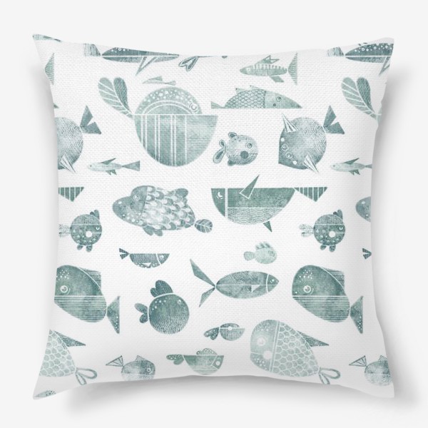 Подушка &laquo;Акварельный нарисованный вручную бесшовный фон с яркими морскими иллюстрациями стилизованных рыб. Подводный мир &raquo;