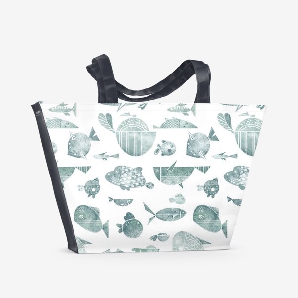 Пляжная сумка «Акварельный нарисованный вручную бесшовный фон с яркими морскими иллюстрациями стилизованных рыб. Подводный мир »