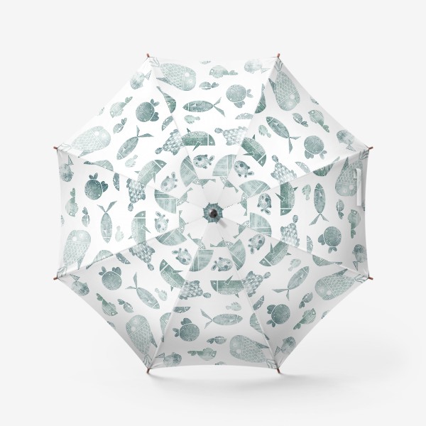 Зонт «Акварельный нарисованный вручную бесшовный фон с яркими морскими иллюстрациями стилизованных рыб. Подводный мир »