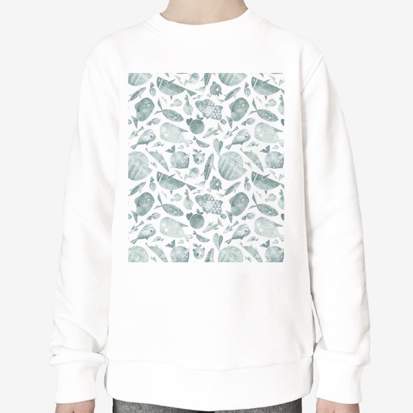 Свитшот &laquo;Акварельный нарисованный вручную бесшовный фон с яркими морскими иллюстрациями стилизованных рыб. Подводный мир &raquo;