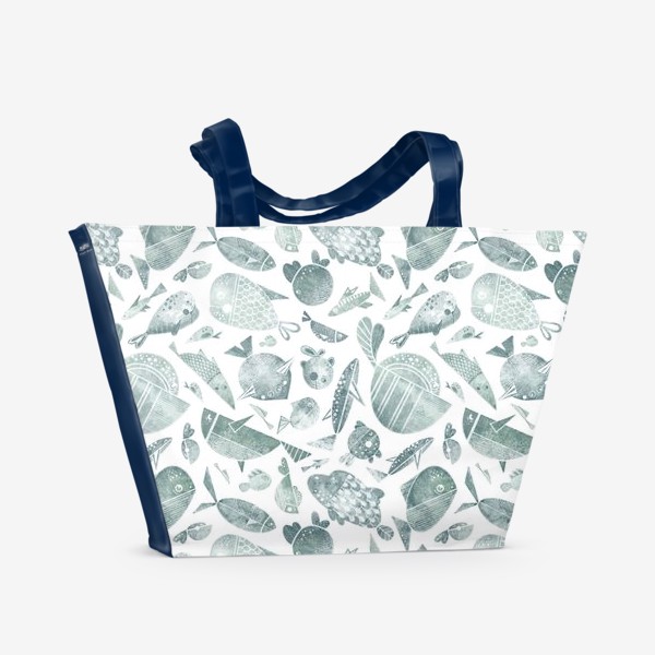 Пляжная сумка &laquo;Акварельный нарисованный вручную бесшовный фон с яркими морскими иллюстрациями стилизованных рыб. Подводный мир &raquo;