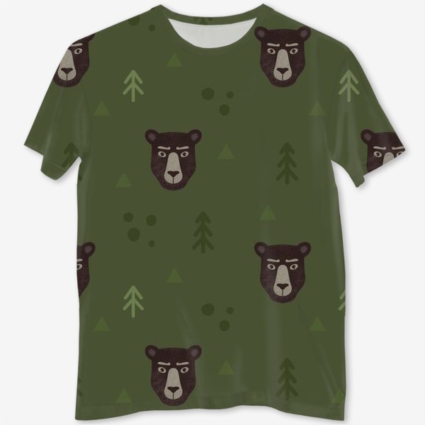 Футболка с полной запечаткой «Медведь в лесу. Мишки и медведи. Суровый медвежонок и ёлки Для охотника»