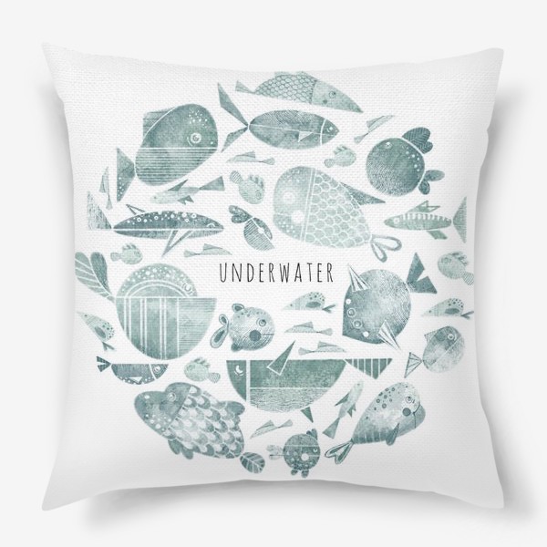 Подушка «Акварельная нарисованная иллюстрация в круге с яркими морскими иллюстрациями стилизованных рыб. Подводный мир »