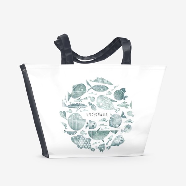Пляжная сумка «Акварельная нарисованная иллюстрация в круге с яркими морскими иллюстрациями стилизованных рыб. Подводный мир »