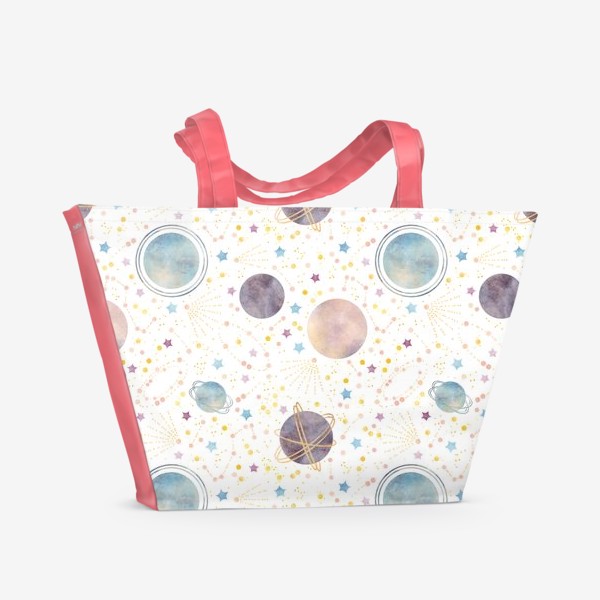 Пляжная сумка «Акварельный нарисованный вручную бесшовный фон с яркими космическими иллюстрациями планет, созвездий, комет на белом»