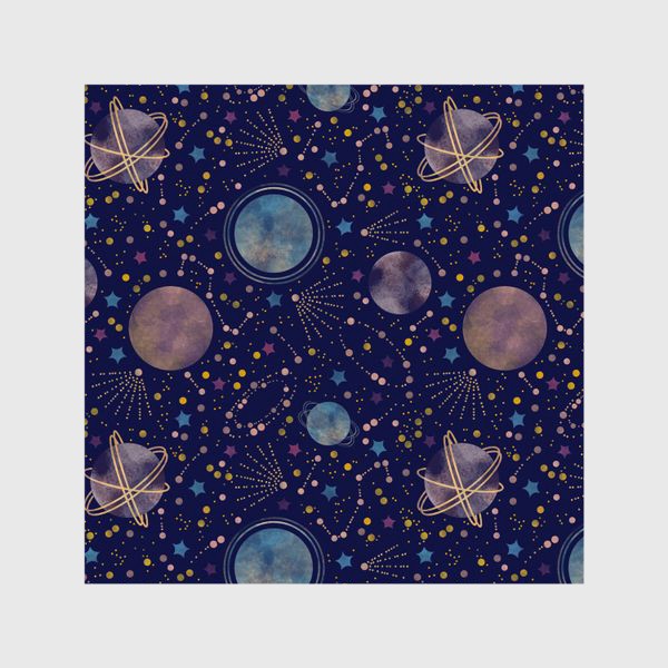 Шторы «Акварельный нарисованный вручную бесшовный фон с яркими космическими иллюстрациями планет, созвездий, комет, синий фон»