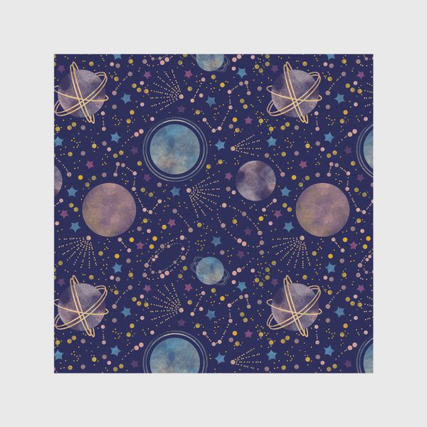 Скатерть «Акварельный нарисованный вручную бесшовный фон с яркими космическими иллюстрациями планет, созвездий, комет, синий фон»