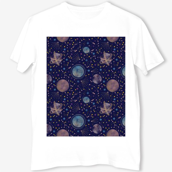 Футболка «Акварельный нарисованный вручную бесшовный фон с яркими космическими иллюстрациями планет, созвездий, комет, синий фон»