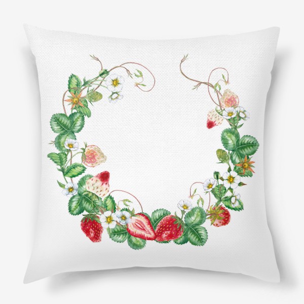 Подушка «Летний венок из ягод, цветов и листьев клубники Акварель»
