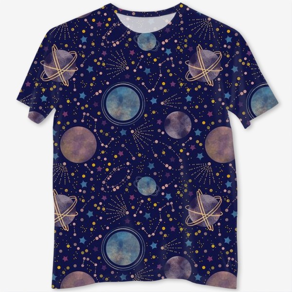 Футболка с полной запечаткой «Акварельный нарисованный вручную бесшовный фон с яркими космическими иллюстрациями планет, созвездий, комет, синий фон»