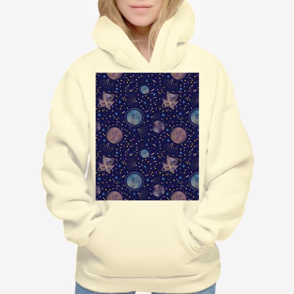 Худи «Акварельный нарисованный вручную бесшовный фон с яркими космическими иллюстрациями планет, созвездий, комет, синий фон»