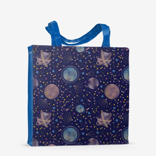 Сумка-шоппер «Акварельный нарисованный вручную бесшовный фон с яркими космическими иллюстрациями планет, созвездий, комет, синий фон»