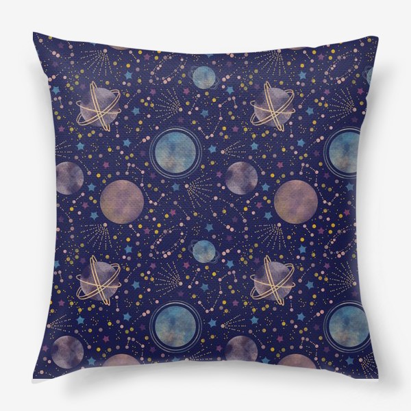 Подушка «Акварельный нарисованный вручную бесшовный фон с яркими космическими иллюстрациями планет, созвездий, комет, синий фон»