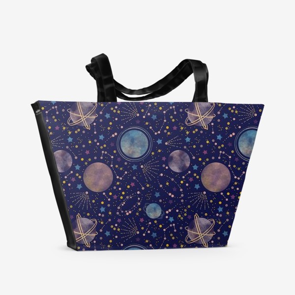 Пляжная сумка «Акварельный нарисованный вручную бесшовный фон с яркими космическими иллюстрациями планет, созвездий, комет, синий фон»