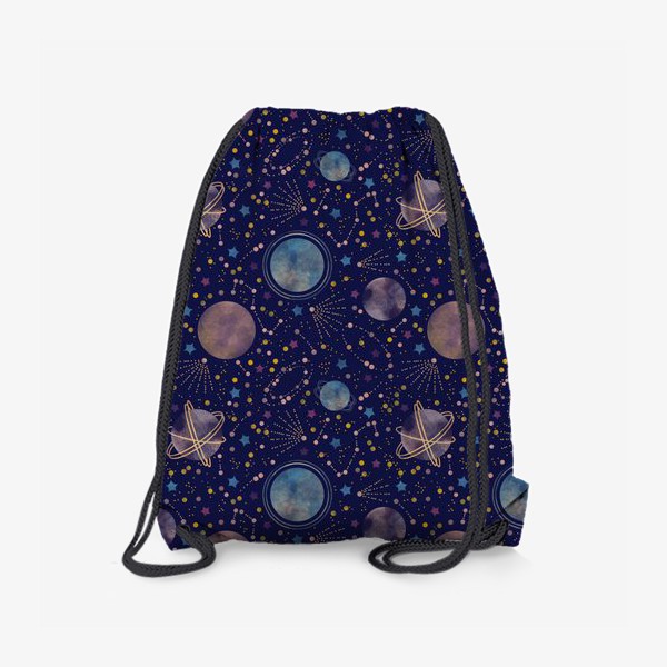 Рюкзак «Акварельный нарисованный вручную бесшовный фон с яркими космическими иллюстрациями планет, созвездий, комет, синий фон»