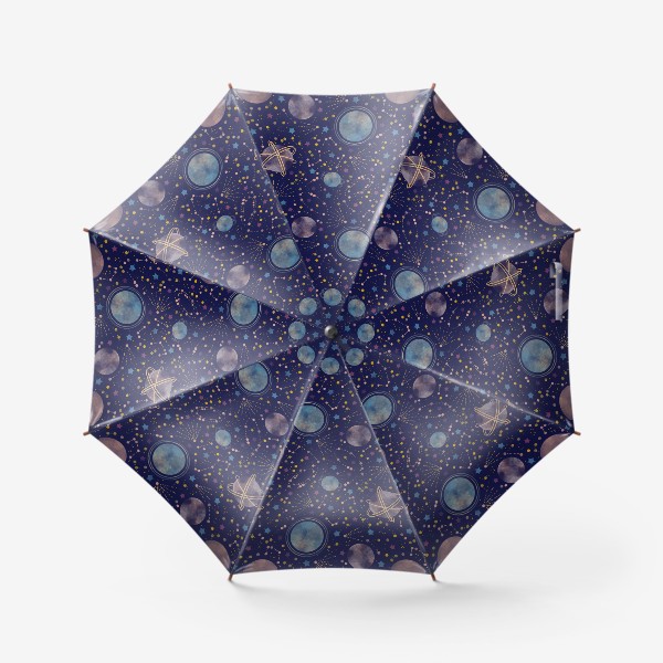 Зонт «Акварельный нарисованный вручную бесшовный фон с яркими космическими иллюстрациями планет, созвездий, комет, синий фон»
