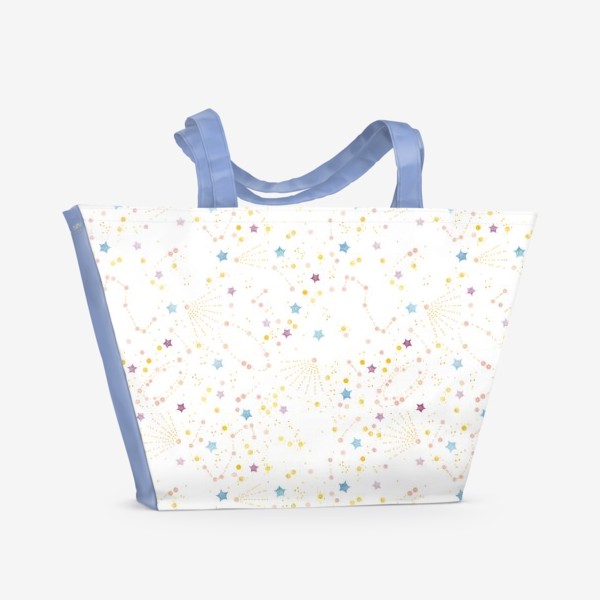 Пляжная сумка «Акварельный нарисованный вручную бесшовный фон с яркими космическими иллюстрациями созвездий, комет на белом фоне»