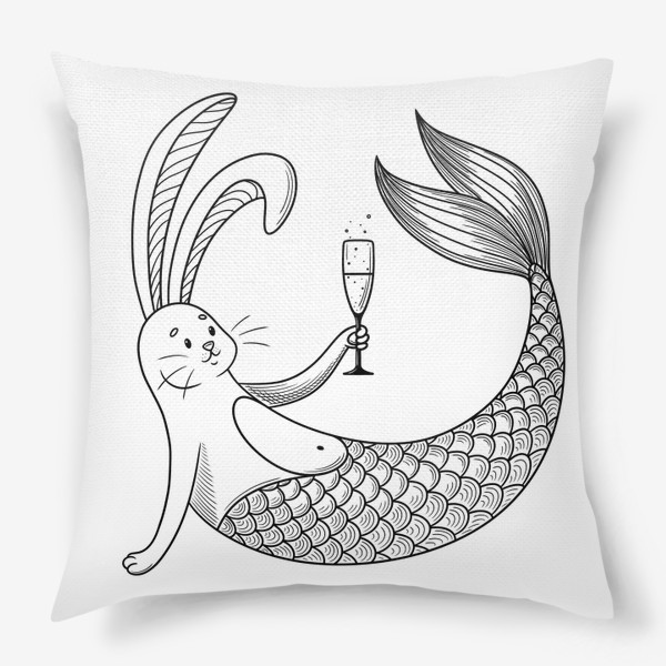 Подушка «Белый кролик русалка с бокалом»