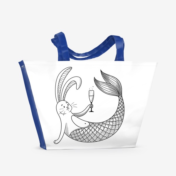 Пляжная сумка «Белый кролик русалка с бокалом»