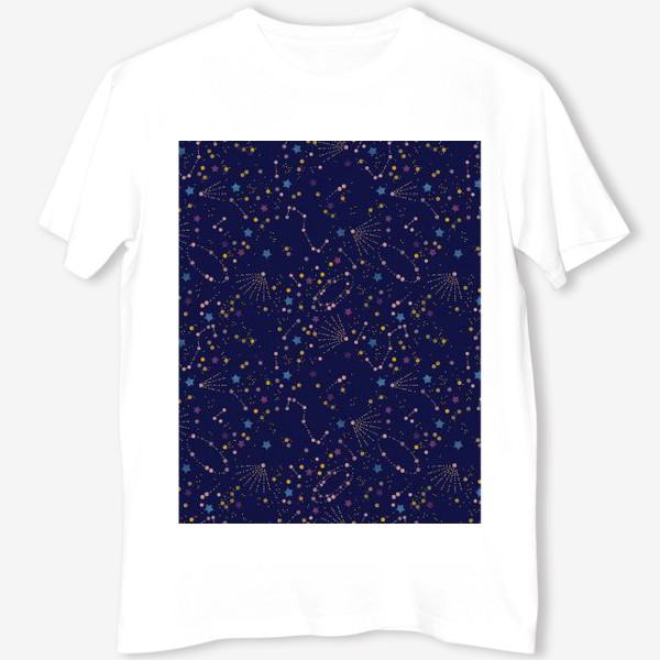 Футболка «Акварельный нарисованный вручную бесшовный фон с яркими космическими иллюстрациями созвездий, комет на темном синем фоне»