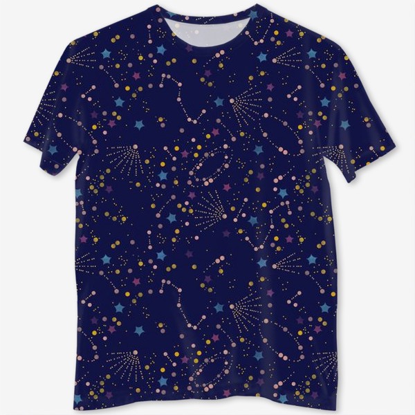 Футболка с полной запечаткой «Акварельный нарисованный вручную бесшовный фон с яркими космическими иллюстрациями созвездий, комет на темном синем фоне»