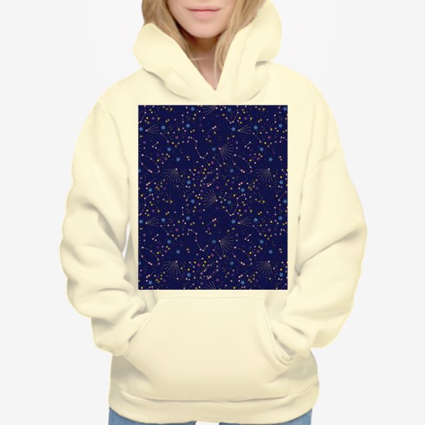 Худи «Акварельный нарисованный вручную бесшовный фон с яркими космическими иллюстрациями созвездий, комет на темном синем фоне»