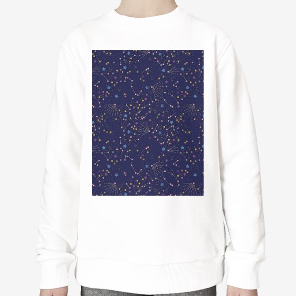 Свитшот «Акварельный нарисованный вручную бесшовный фон с яркими космическими иллюстрациями созвездий, комет на темном синем фоне»