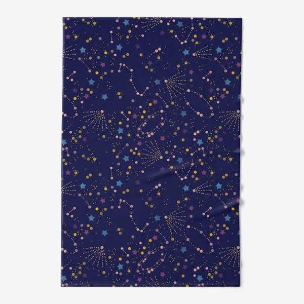 Полотенце &laquo;Акварельный нарисованный вручную бесшовный фон с яркими космическими иллюстрациями созвездий, комет на темном синем фоне&raquo;