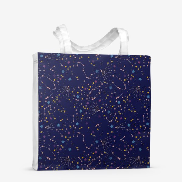 Сумка-шоппер «Акварельный нарисованный вручную бесшовный фон с яркими космическими иллюстрациями созвездий, комет на темном синем фоне»