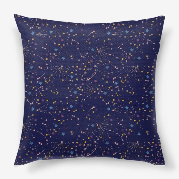 Подушка «Акварельный нарисованный вручную бесшовный фон с яркими космическими иллюстрациями созвездий, комет на темном синем фоне»