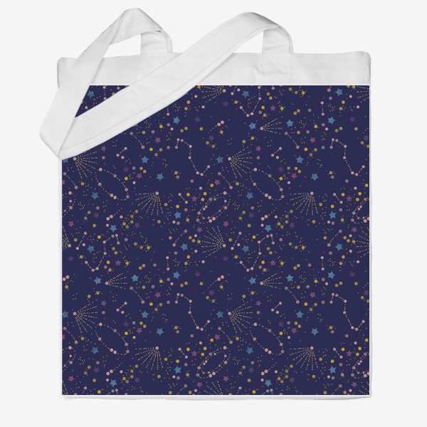 Сумка хб &laquo;Акварельный нарисованный вручную бесшовный фон с яркими космическими иллюстрациями созвездий, комет на темном синем фоне&raquo;