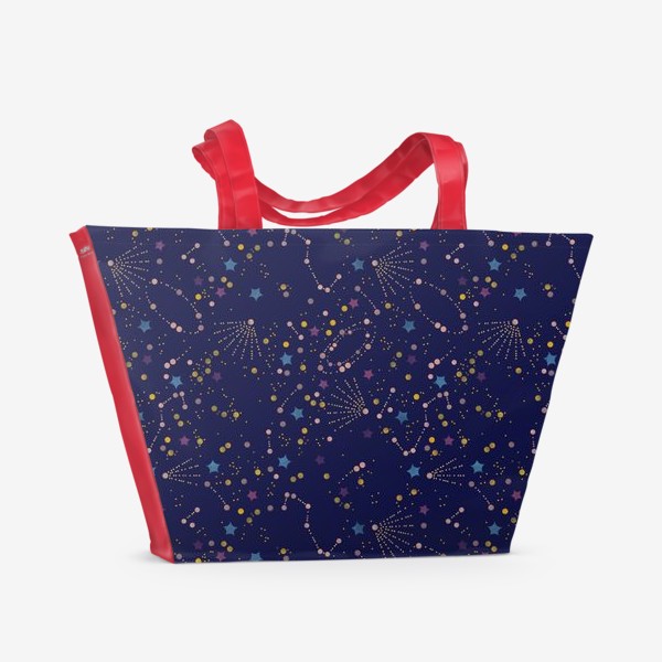 Пляжная сумка «Акварельный нарисованный вручную бесшовный фон с яркими космическими иллюстрациями созвездий, комет на темном синем фоне»