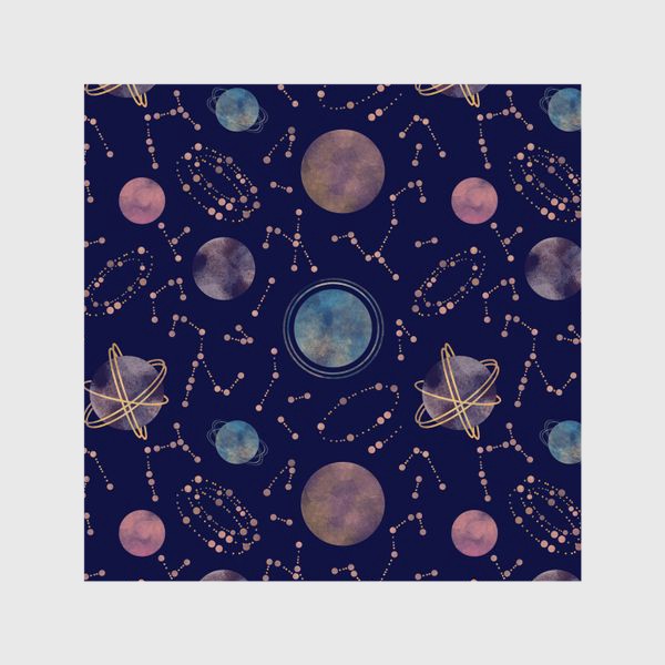 Шторы «Акварельный нарисованный вручную бесшовный фон с яркими космическими иллюстрациями планет, созвездий, комет, синий фон»
