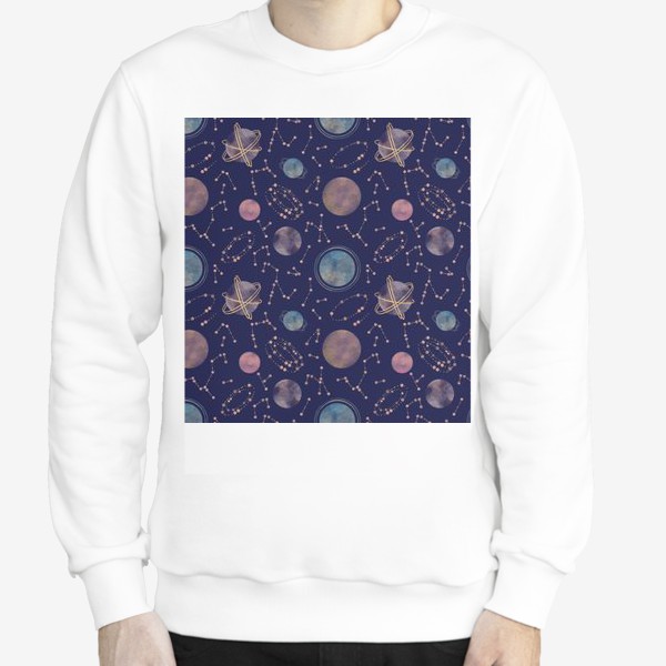 Свитшот «Акварельный нарисованный вручную бесшовный фон с яркими космическими иллюстрациями планет, созвездий, комет, синий фон»