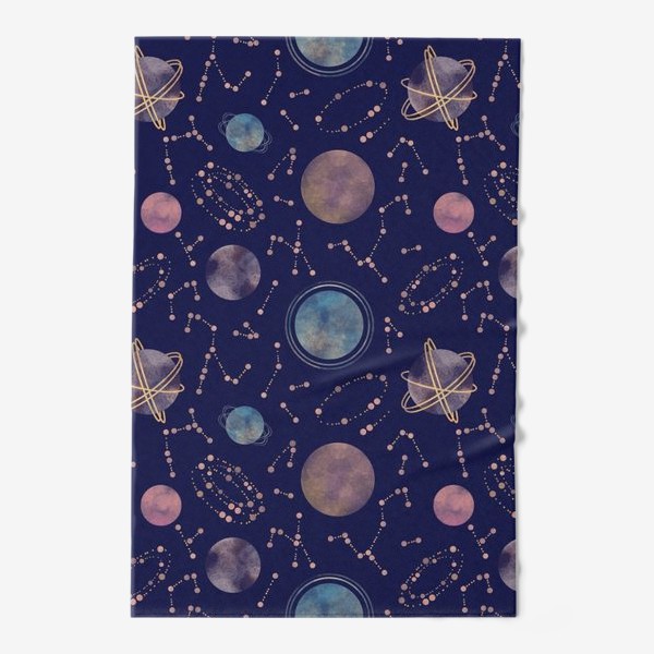 Полотенце «Акварельный нарисованный вручную бесшовный фон с яркими космическими иллюстрациями планет, созвездий, комет, синий фон»