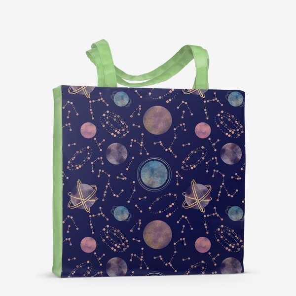 Сумка-шоппер «Акварельный нарисованный вручную бесшовный фон с яркими космическими иллюстрациями планет, созвездий, комет, синий фон»
