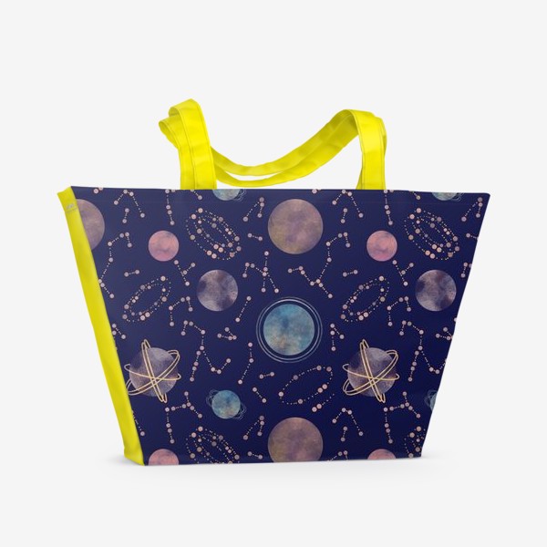 Пляжная сумка &laquo;Акварельный нарисованный вручную бесшовный фон с яркими космическими иллюстрациями планет, созвездий, комет, синий фон&raquo;