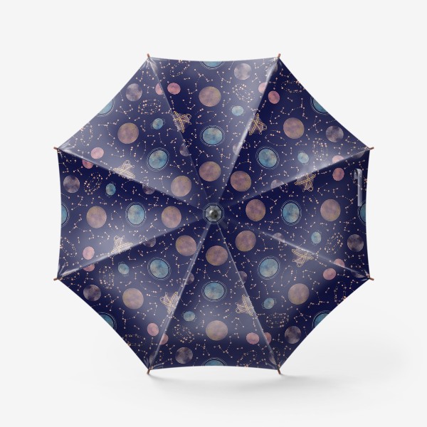 Зонт «Акварельный нарисованный вручную бесшовный фон с яркими космическими иллюстрациями планет, созвездий, комет, синий фон»