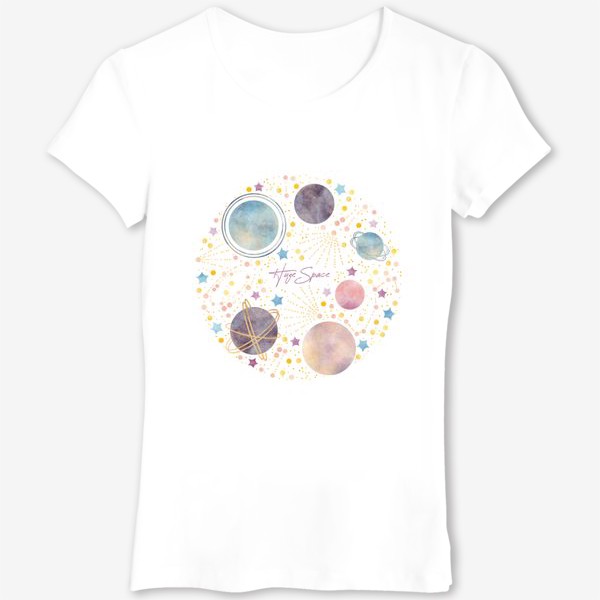 Футболка &laquo;Акварельная нарисованная вручную яркая космическая иллюстрация в круге с планетами, созвездиями, кометами на белом&raquo;