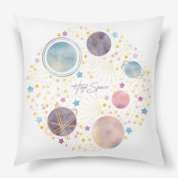 Подушка «Акварельная нарисованная вручную яркая космическая иллюстрация в круге с планетами, созвездиями, кометами на белом»