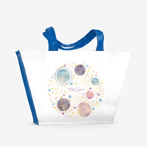 Пляжная сумка «Акварельная нарисованная вручную яркая космическая иллюстрация в круге с планетами, созвездиями, кометами на белом»