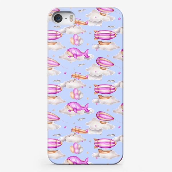Чехол iPhone «Волшебный паттерн с летящим китом, дирижаблем и самолетом на фоне голубого неба»