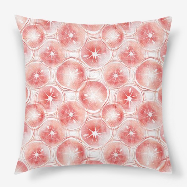 Подушка «Акварельный нарисованный вручную бесшовный фон с яркими иллюстрациями розовых грейпфрутов. Стильные срезы грейпфрута»