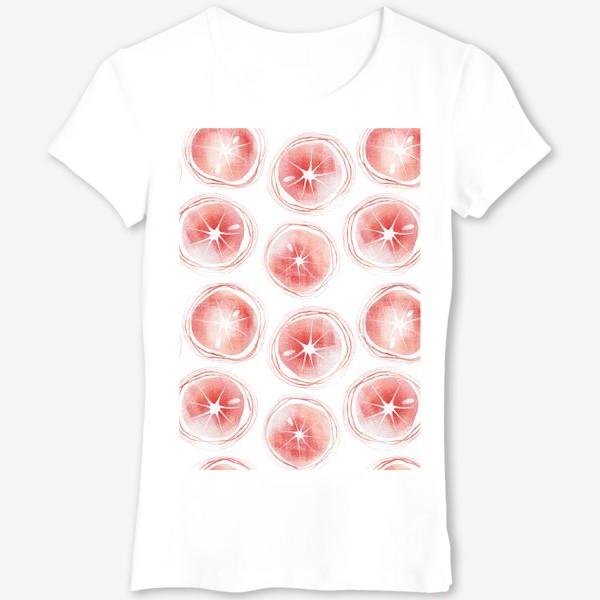 Футболка «Акварельный нарисованный вручную бесшовный фон с яркими иллюстрациями розовых грейпфрутов. Стильные срезы грейпфрута»