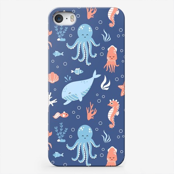 Чехол iPhone «Паттерн - подводный мир, милые морские животные»